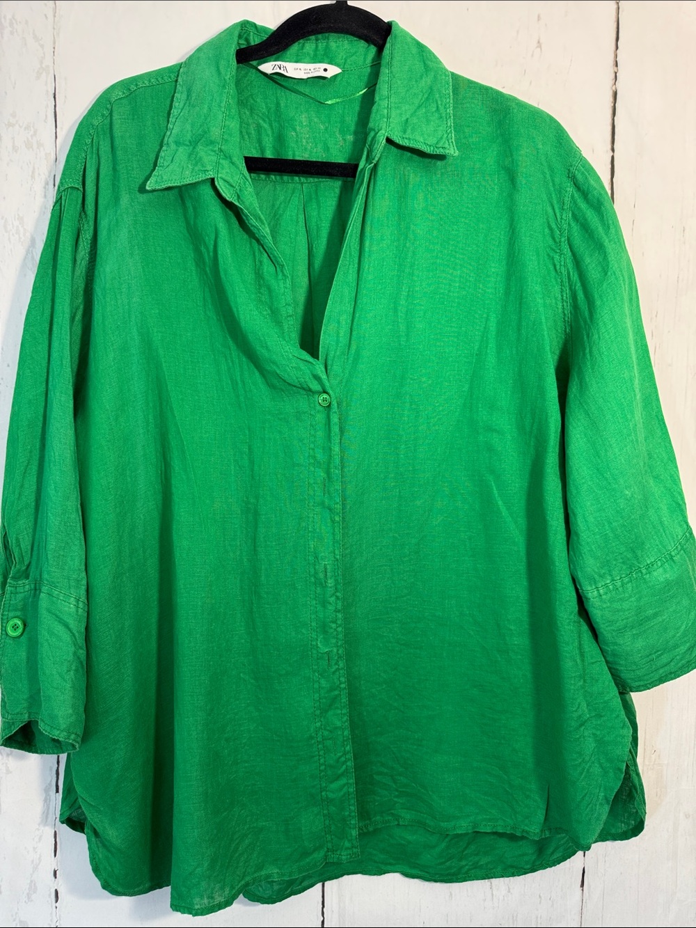 Zara Bright Green Linen Half sleeve summer  Button-Front Shirt